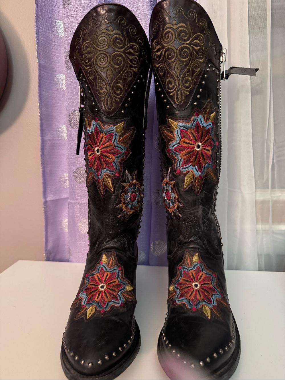 Old Gringo Black Leather Heeled Boots with Multicolor Floral Embroidery